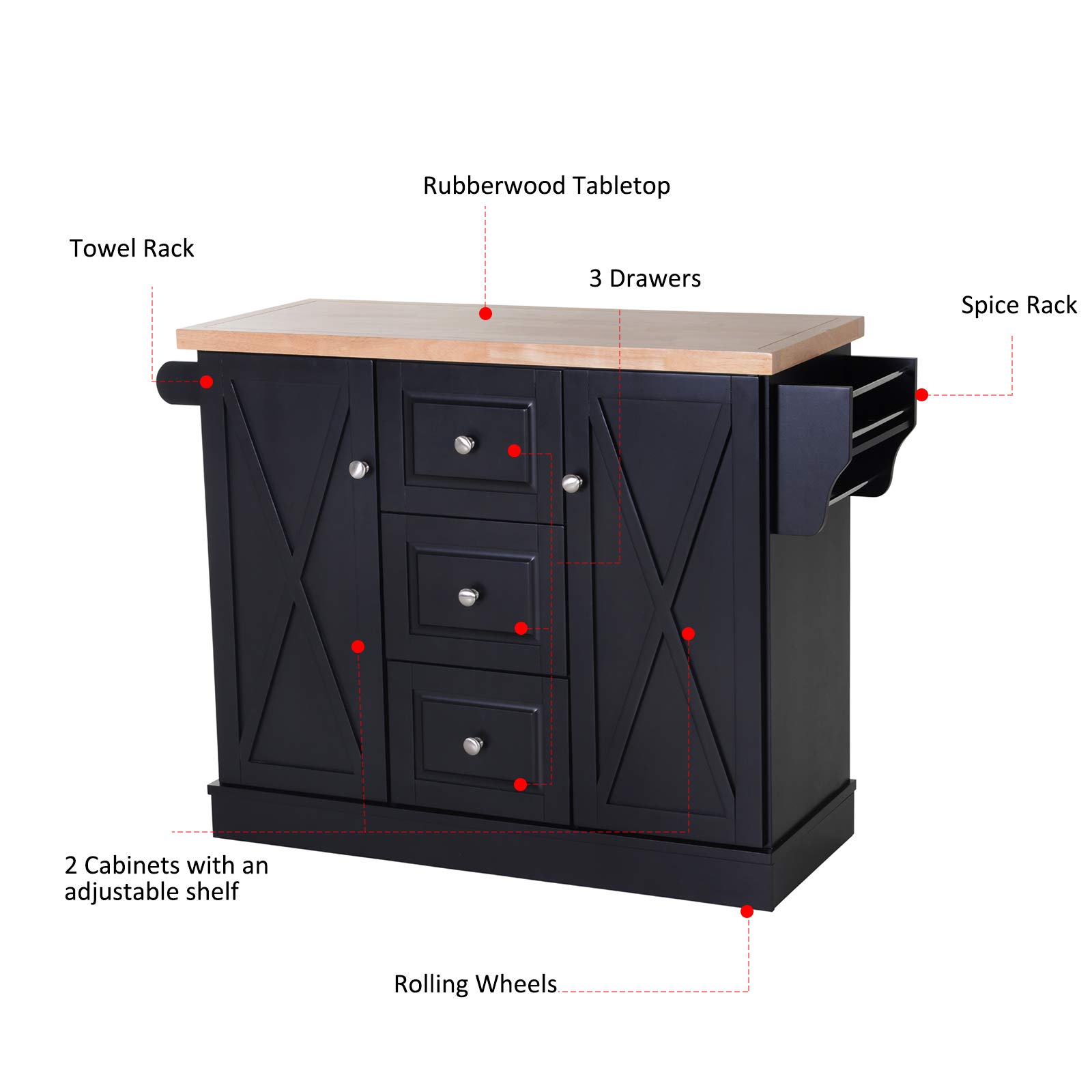 Farmhouse Mobile Kitchen Island Utility Cart on Wheels with Barn