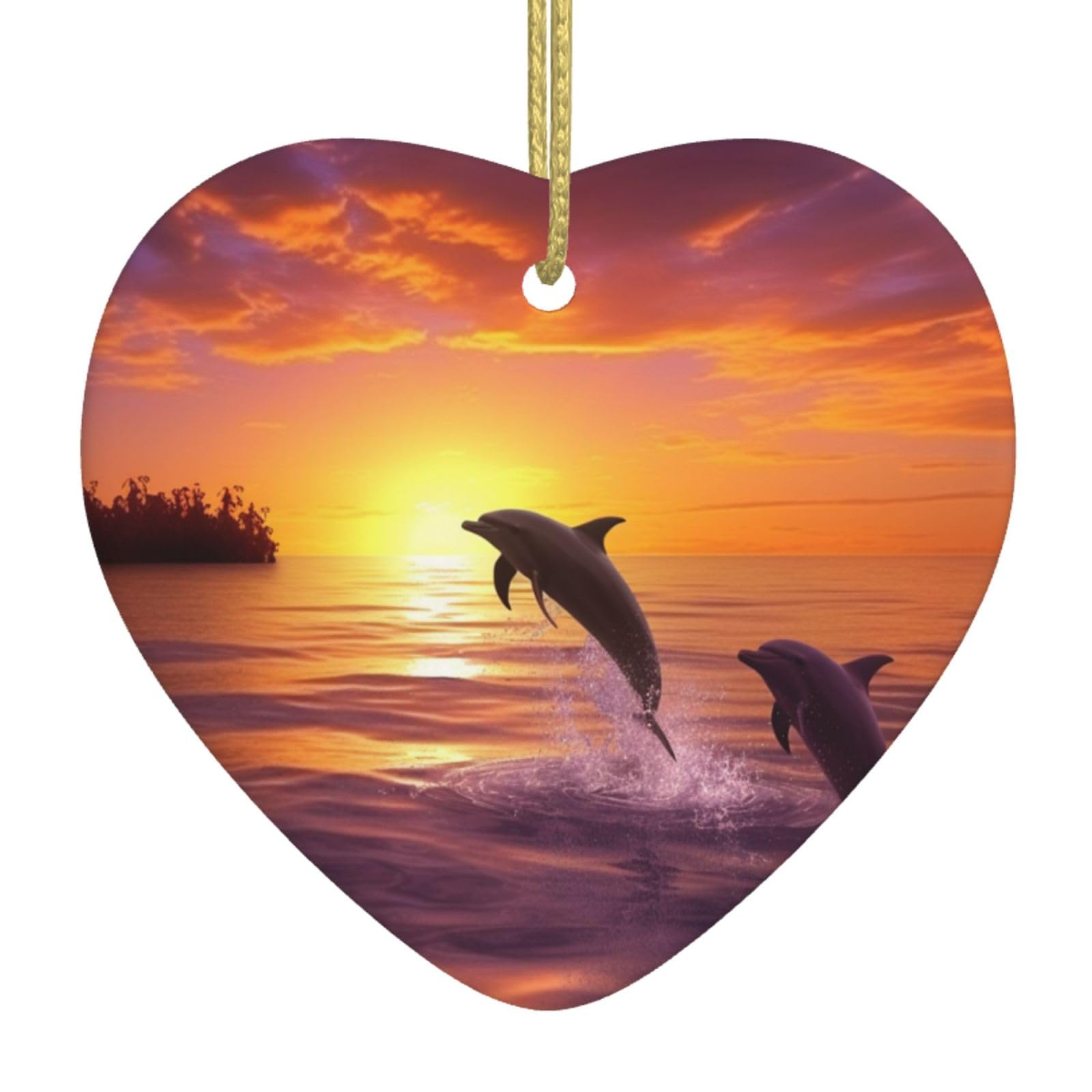 Sunset Dolphins Christmas Ornament 2025 Heart Ceramic Hanging Ornaments for Home Decor Christmas Decorations with Gold Rope Double-Sided Xmas Tree Ceramic Hanging for Holiday Party