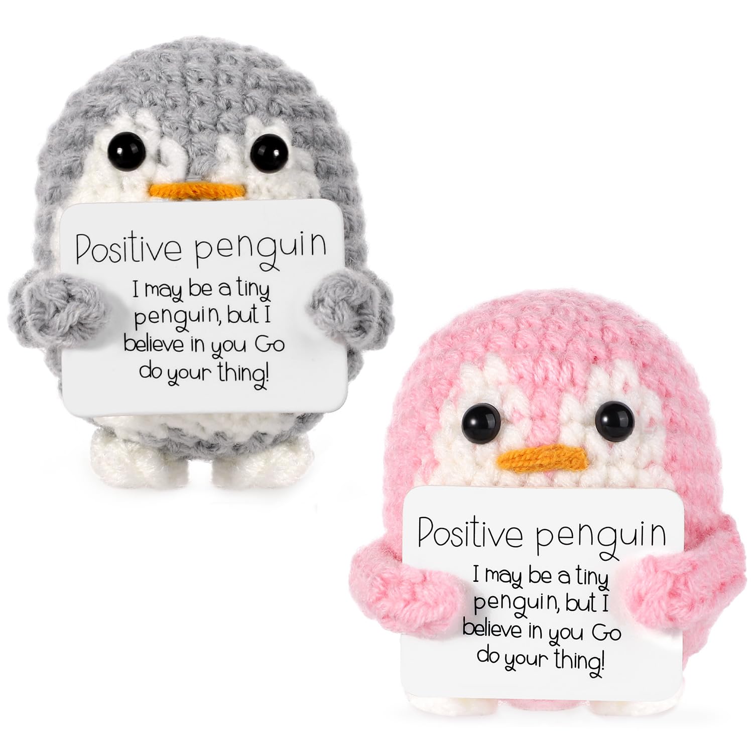 2pcs Funny Positive Penguin, 2.6 Inch Knitted Penguin Toy with Positive Card Encouragement Life Potato Emotional Support Crochet Gift for Family Friends Home Decor (Gray, Pink)