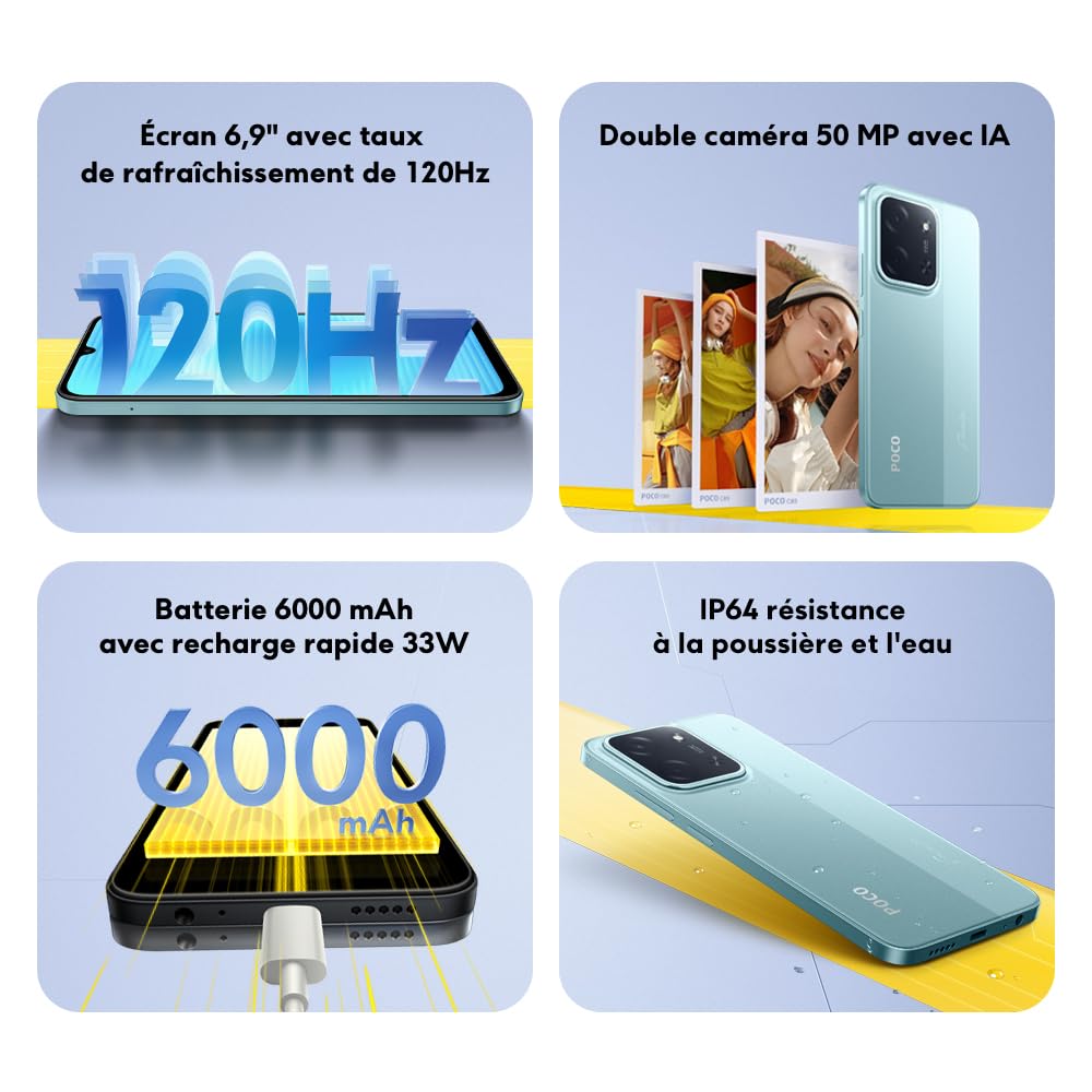 XIAOMI POCO C85 Smartphone 6+128 Go Double Caméra IA 50 MP - Noir | Écran 6,9 pouces 120Hz, Épaisseur 8mm, batterie 6000mAh, MediaTek Helio G81-Ultra, 2 ans de garantie, chargeur non inclus