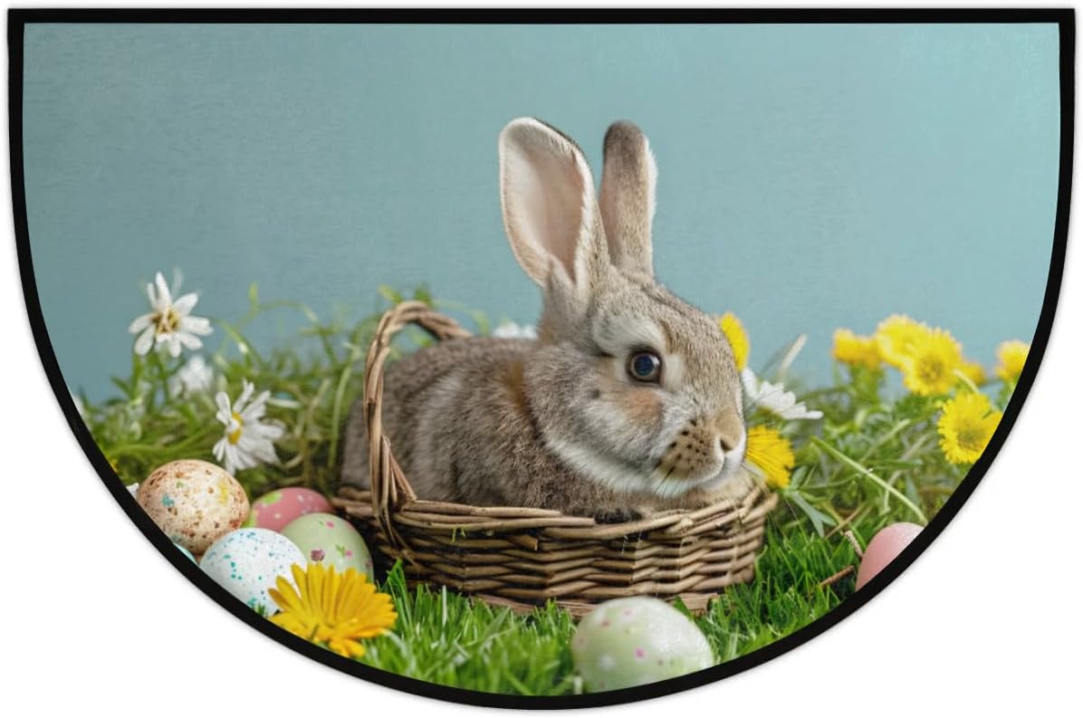 cfpolar Half Round Door Mat Eggs Bunny Flower Non-Slip Semi Circle Area Rug Washable Semi Circle Floor Rug for Indoor Outdoor Living Room Bathroom Kitchen Patio Hearth Rugs Home Decoration