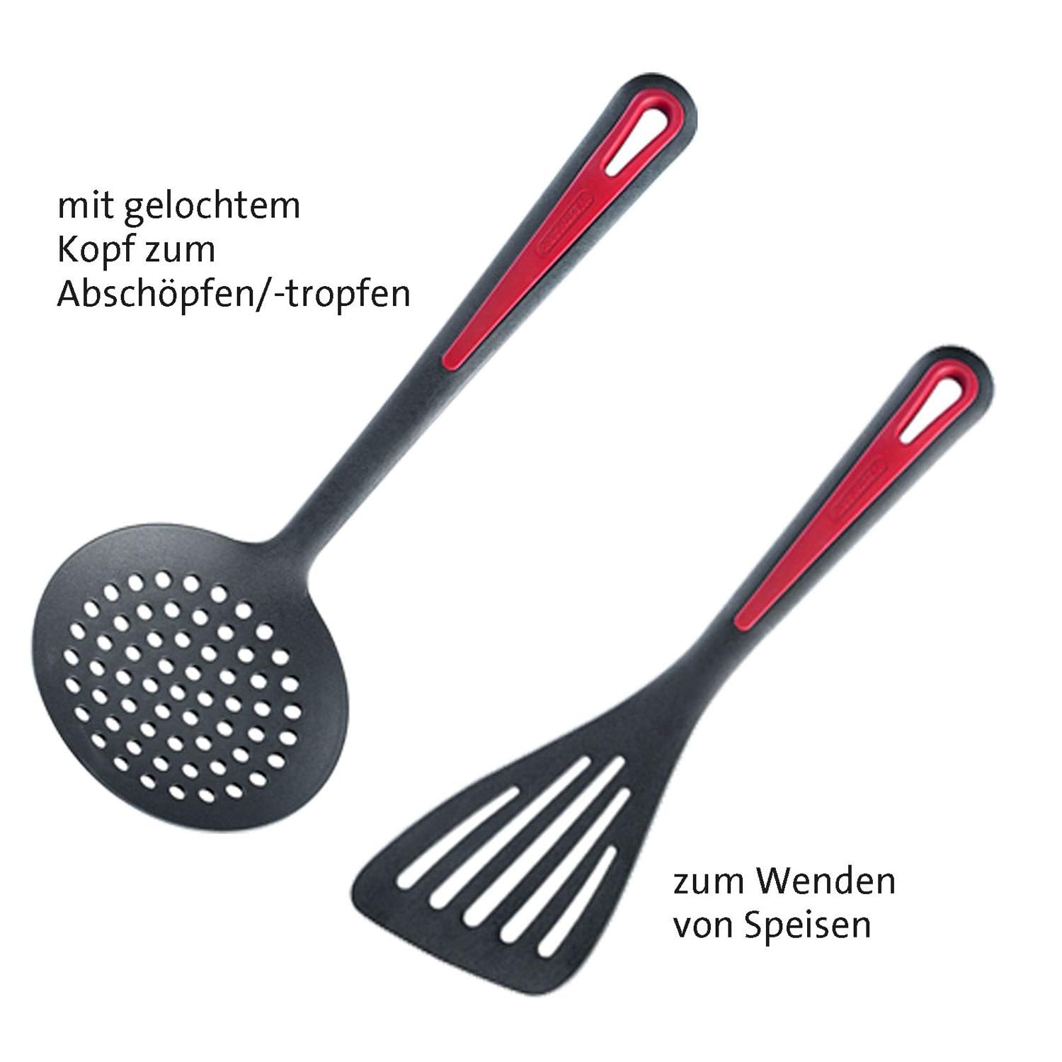 Westmark Küchenhelfer-Set, 6-tlg, Pfannenwender, Schaum-, Spaghettilöffel, Suppenkelle, Kartoffelstampfer, Schneebesen, Hochwertiger Kunststoff, Gallant, Schwarz/Rot, 290022E6