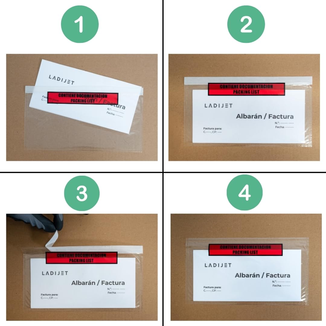 Selbstklebende Dokumentenhülle, Docufix Packing List, A6, A5, A4, DL, Umschlag mit Dokumentation, Lieferschein, transparenter Umschlag aus Kunststoff für Lieferscheine, LADIJET (100, A5, 225 x 165 mm)
