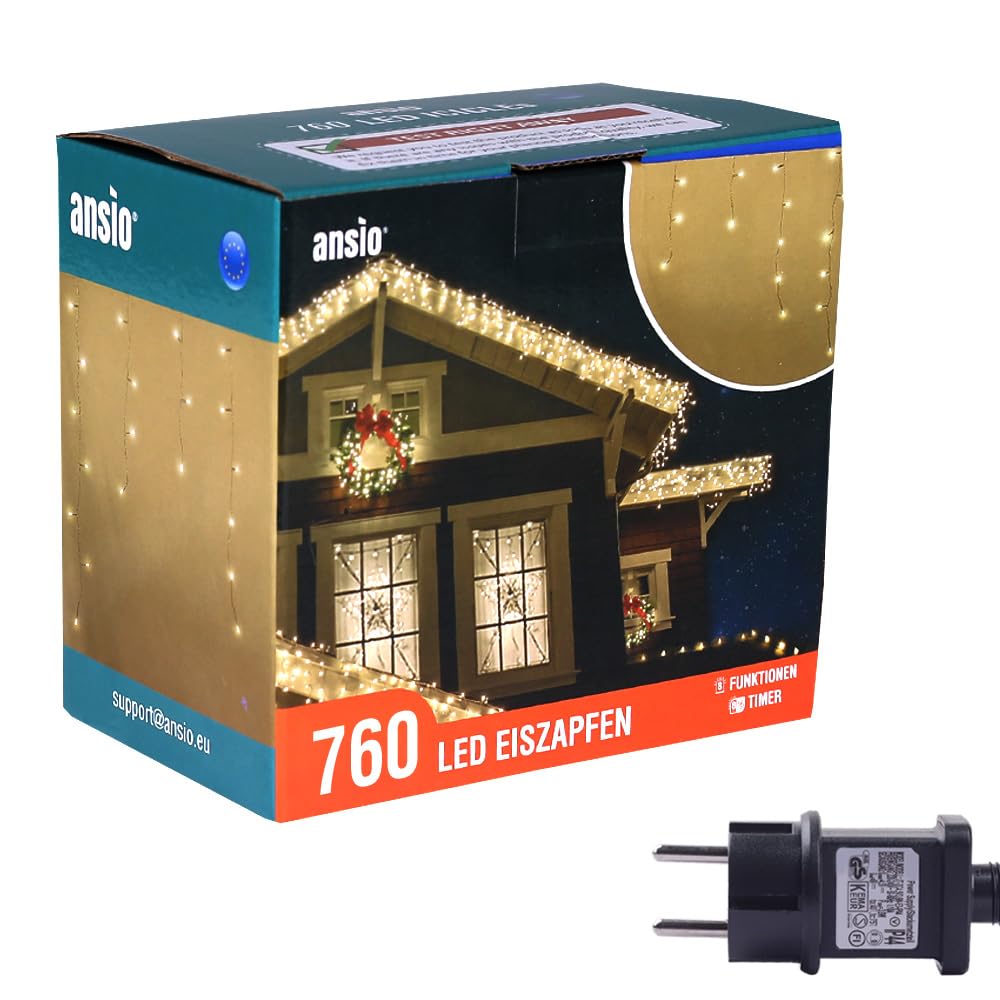 ANSIO® Lichterkette Außen Eisregen 26m 760 LED Eiszapfen Lichterkette Außen Lichtketten Strom Für Weihnachten, Balkon, Weihnachtsdekoration | Warmweiß Weihnachtsbeleuchtung | Klar Kabel