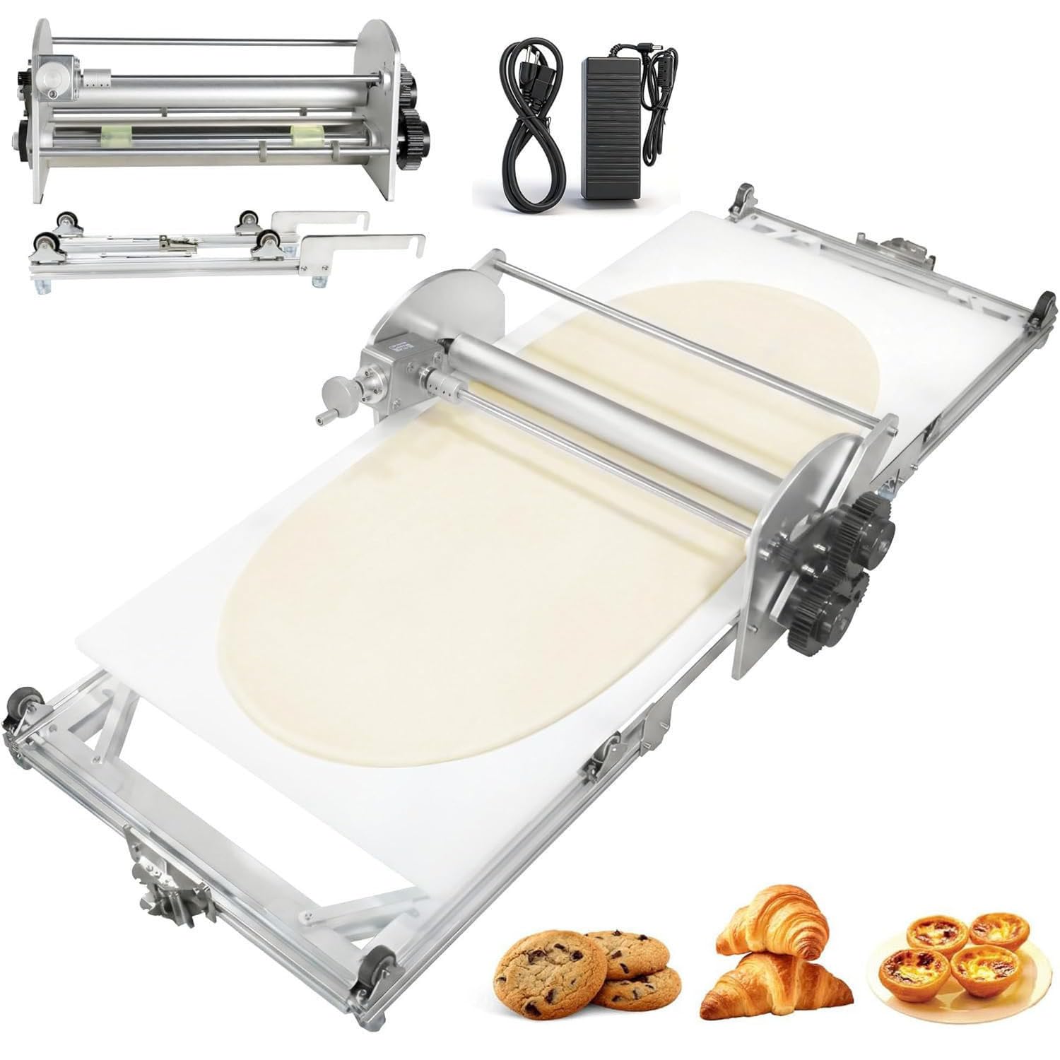 JozyJul Folding Dough Sheeter, Thickness Adjustable Electric Dough Roller Machine, Stainless Steel Dough Laminator, Baking Pastries and Bread, for Home and Commercial Bakeries