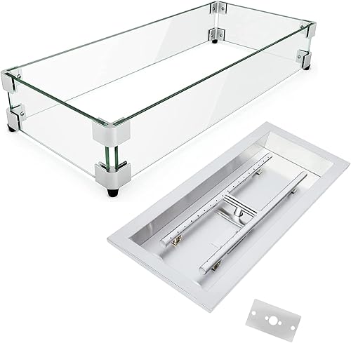 GASPRO Sartén para hoguera de 24 x 8 pulgadas y protector de viento de vidrio de 29 x 13 pulgadas para mesa rectangular para fogata de gas natural y