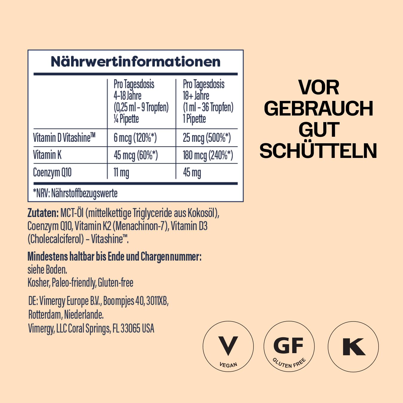 Vimergy Brain Body Recharge* – mit Vitamin D3, K2 & CoQ10 – Stärkt Muskeln und Knochen – Schützt vor freien Radikalen – Vegan und glutenfrei – 55 ml