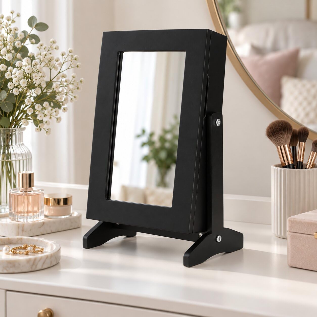 KADAX Boîte à bijoux avec miroir, 21 x 15 x 30,5 cm, boîte en panneau MDF, boîte à bijoux avec pieds, étui à bijoux pour chaînes, bagues (noir)