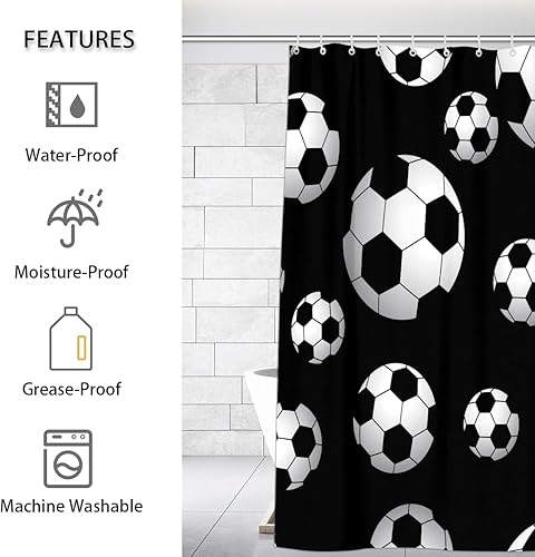 Miniatura 2 de Juego de cortina de ducha de fútbol blanco y negro con 12 ganchos de plástico, cortinas de baño de tela impermeable para decoración de baño, lavable