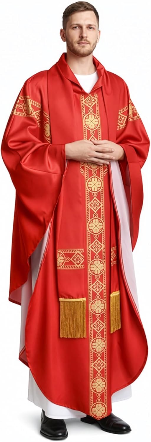 Eorbow Red Catholic Chasuble, Priest Vestment with Stole, Round Collar Clergy Robes for Men, Church Mass Priest Costume for Wedding, Funeral, Church Service
