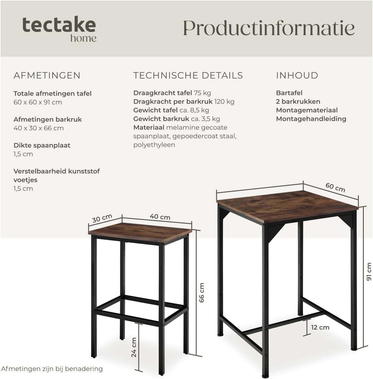 Detailed dimensions and technical specifications of the tectake bar table and stools.