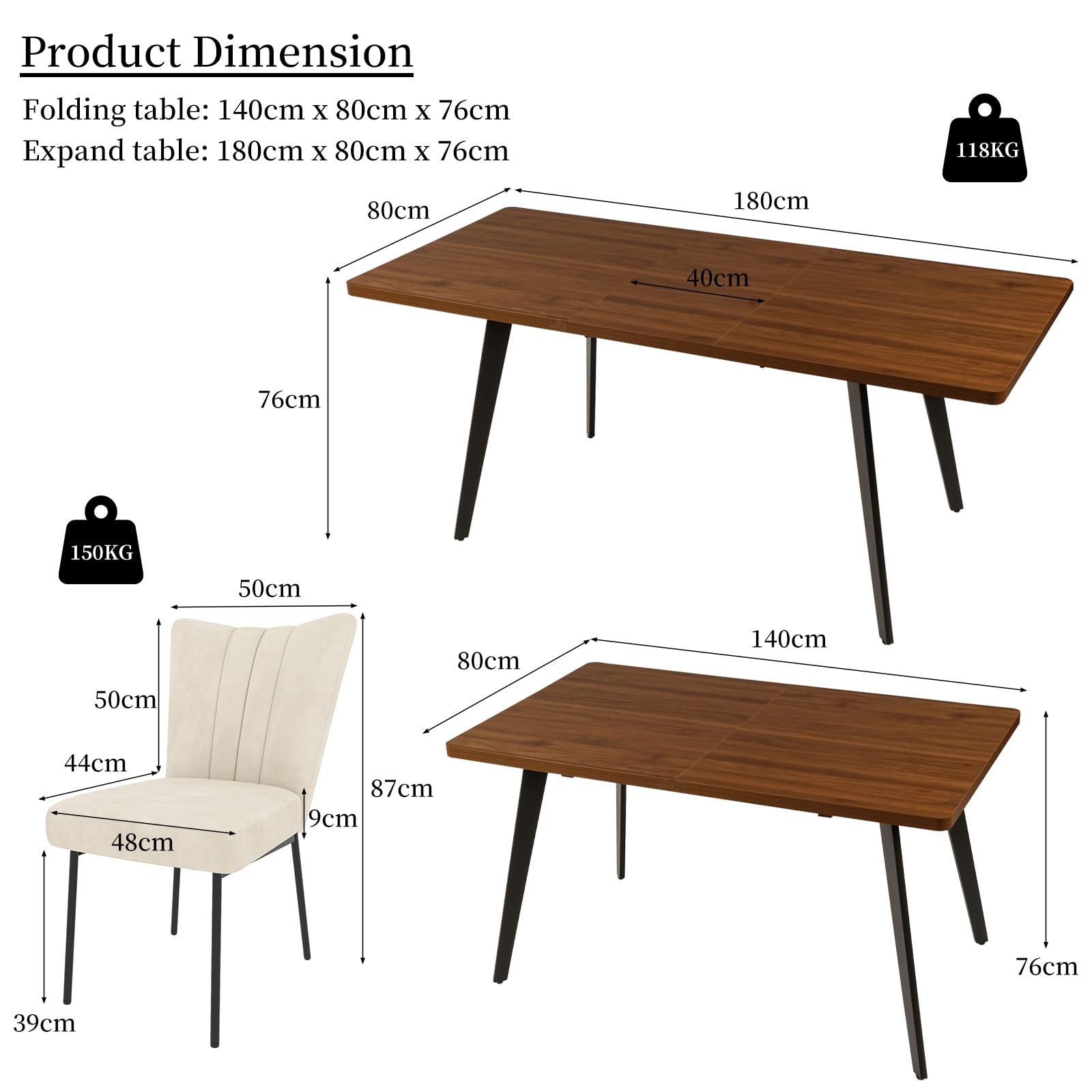 JIEXI Ausziehbares Esstisch-Set mit 6 Stühlen, platzsparender MDF-Tisch und stabilem Metallgestell, ideal für Esszimmer, Küchen und Wohnungen – Tisch in Nussbaum + Stühle mit beigem Samtbezug