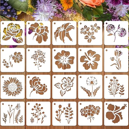 JULMELON Flower Stencils for Wood 20Pcs Sunflower Painting Stencil Reusable Stencils DIY for Wall Floor Decor Rock Dot Painting Art Projects (3inch)