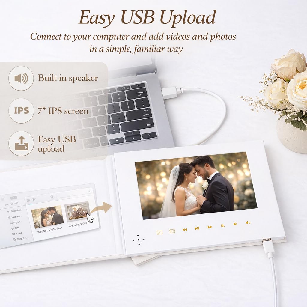 Our Wedding - Goldfolie | Luxuriöses Hochzeits-Videobuch aus Leinen, 17,8 cm (7 Zoll) IPS-Display, 4 GB Speicher, wiederaufladbarer Akku, bis zu 3 Stunden HD-Videospeicher, Hochzeitsandenken