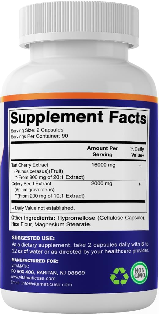 Vitamatic Tart Cherry 20X Extract with Celery Seed 10X Concentrated Extracts - - 180 Veg Capsules - Vegetarian, Non-GMO, and Gluten Free - Image 8