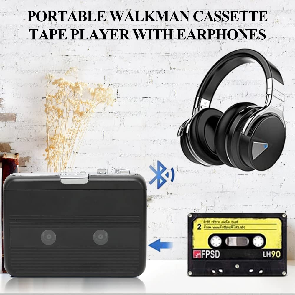 Annadue Lecteur de Cassette Bluetooth Portable, avec Casque, Transfert vers Haut-Parleur, Inversion Automatique, Radio FM, Noir