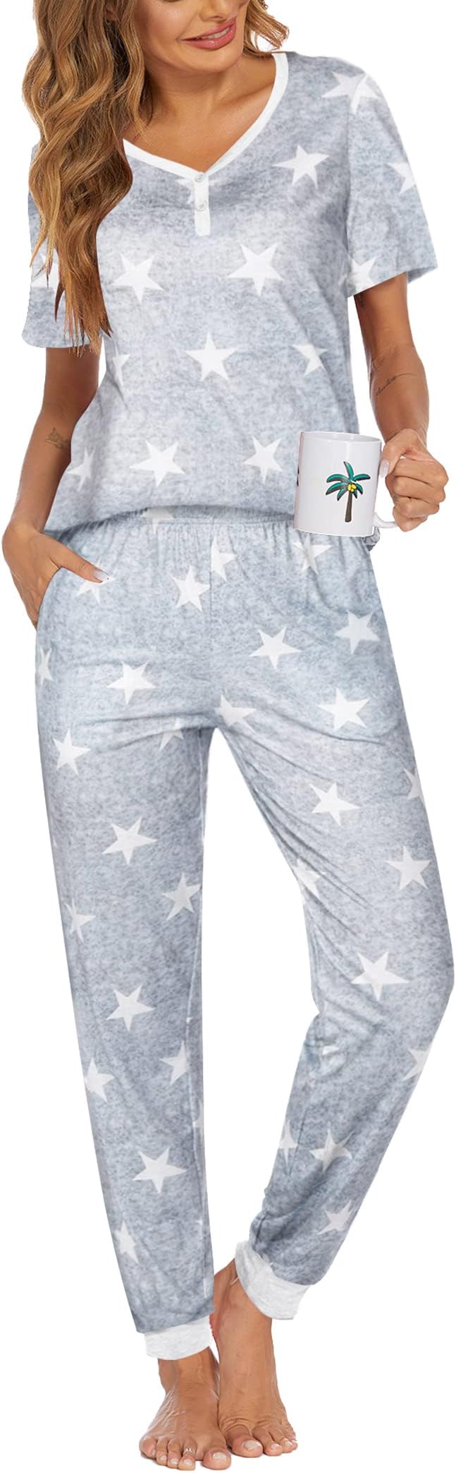 Pajamas for Women Set 2 Piece Lounge Set Short Sleeve Pjs Joggers Long Pants Sleepwear with Pockets