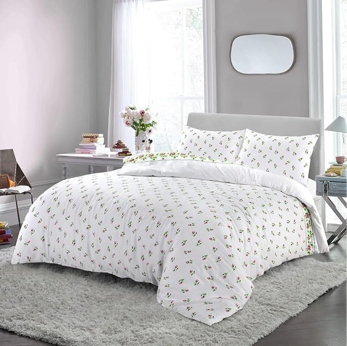 Bella Nights Rosebud Flannelette Duvet Cover Set – 100% Brushed Cotton Floral Thermal Flannel Bedding Set Soft & Warm Cozy Quilt Cover With Pillowcases (Pink, Double)