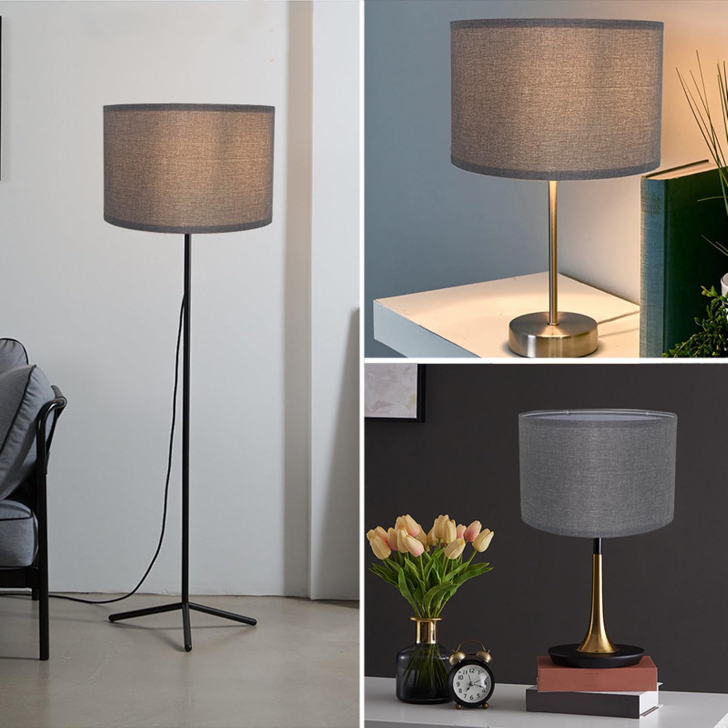 Fabric Lamp Shade Modern Fabric Drum Light Shade for Ceiling Lights Table Lamps and Floor Lamps Pendant Light Shades Ceiling for Living Room Bedroom Cylindrical Shades for Lamp 26x19 cm (Grey) - Image 4