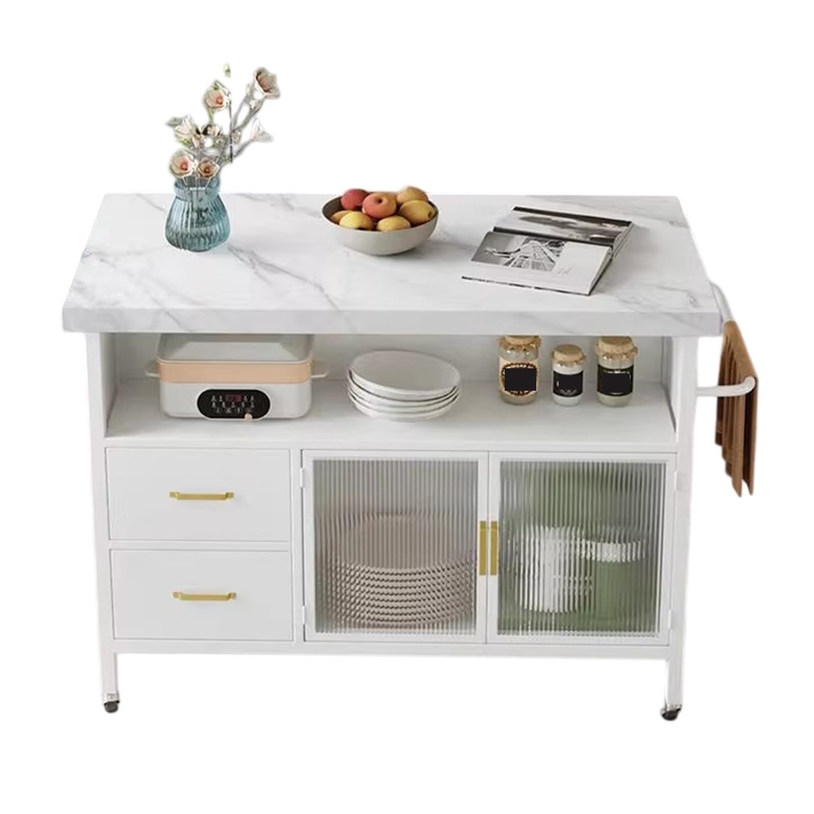 Carrello da cucina Carrello portaoggetti mobile in metallo con isola da cucina con piano in pietra e armadietto con cassetti(White,M)