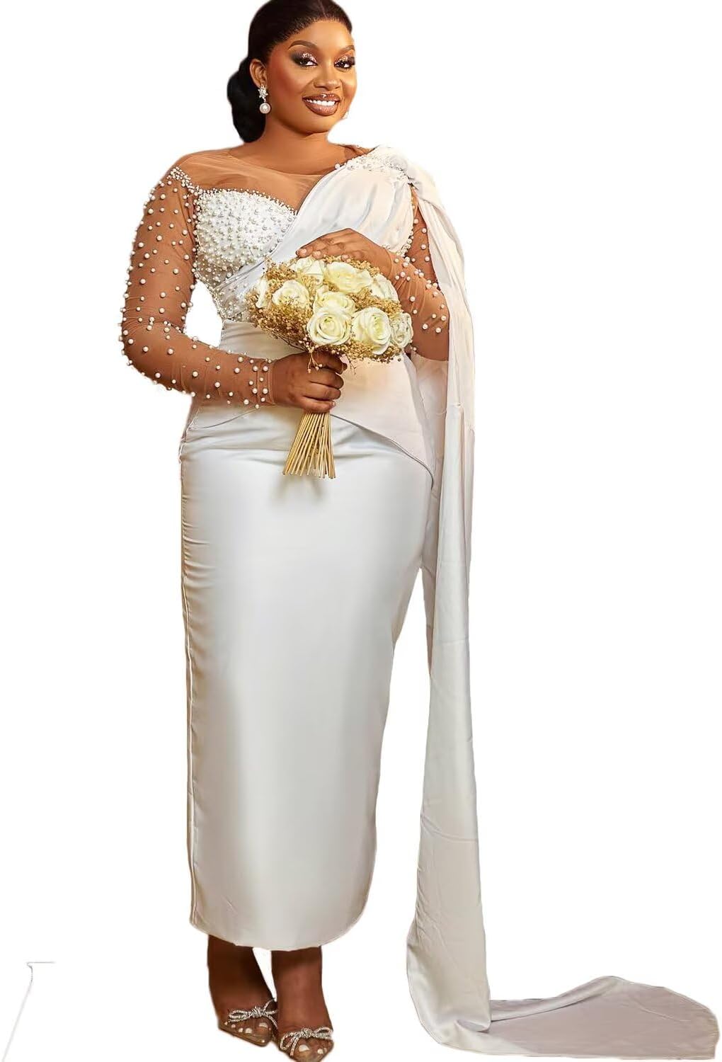 Satin Wedding Dresses for Women Bride Pearls Courthouse Civil Bridal Dress Customized