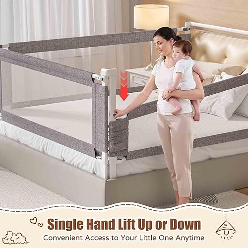 Miniatura 3 de Barandilla de cama tamaño King de 3 piezas para niños pequeños, protector de riel de cama de bebé ajustable en altura con barra de cabecero, rieles
