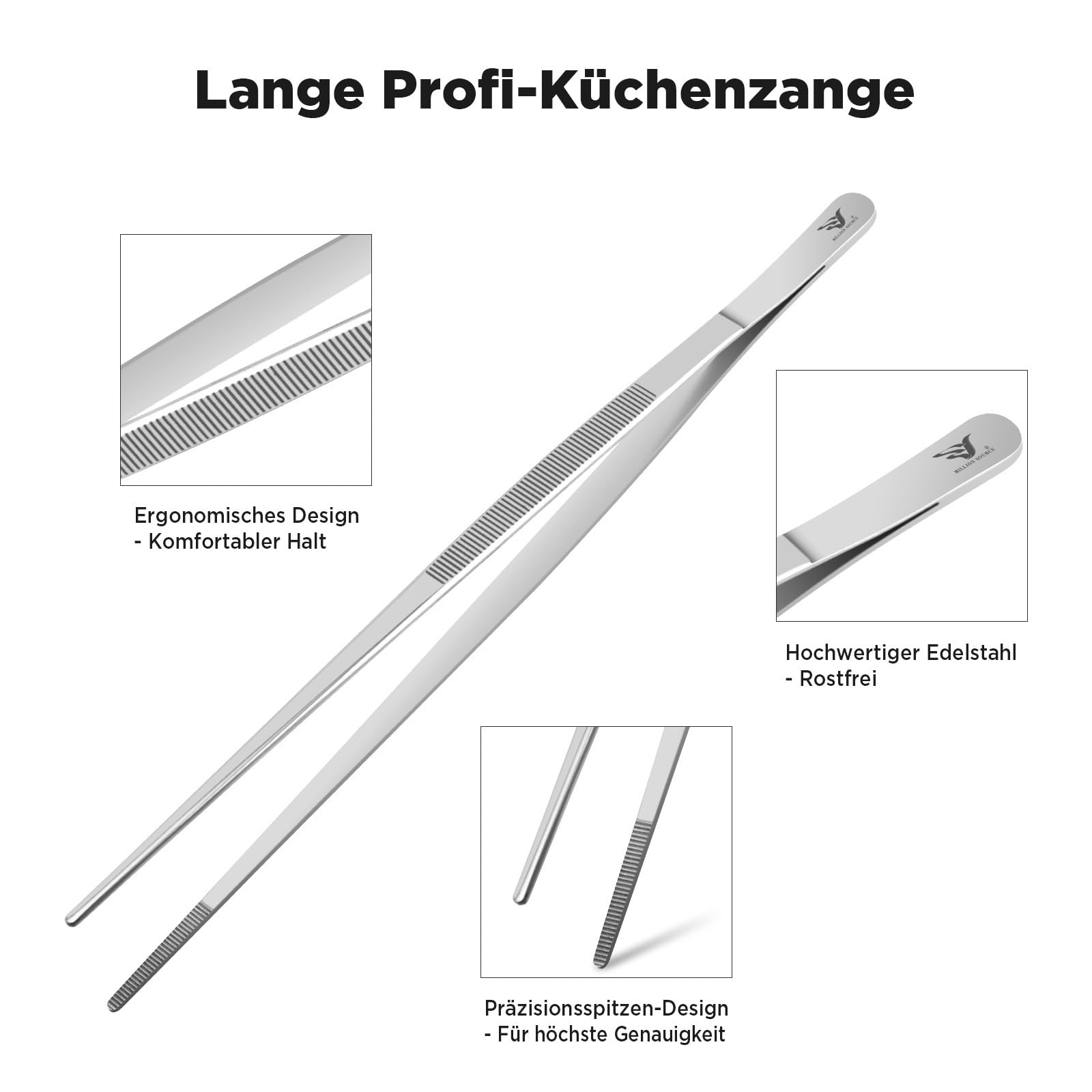 HENSSLERS Pinzette Da Cucina 30 Cm In Acciaio Inox Con Rivestimento Titanio Nero, Perfette Per Grigliare