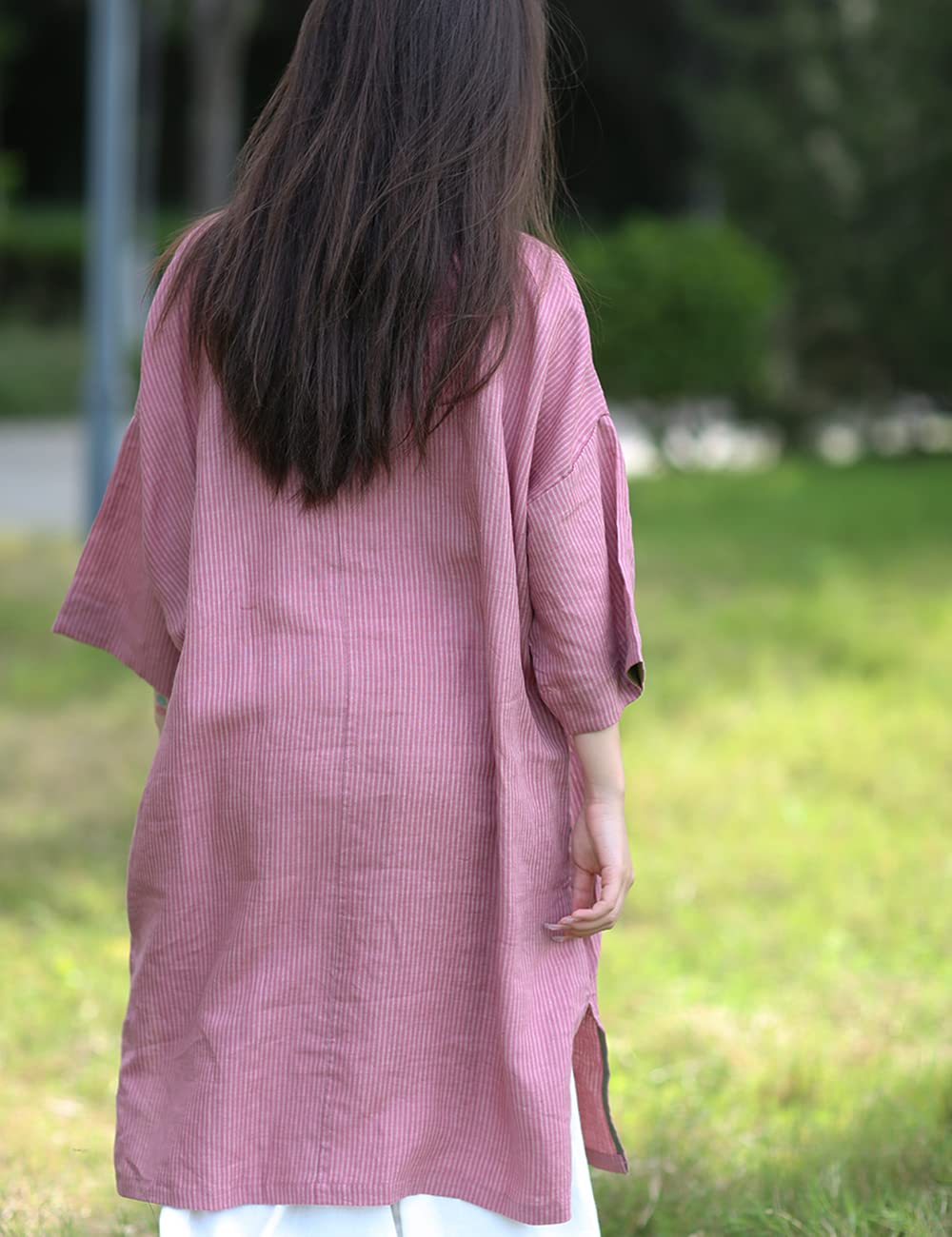 NFYM Abito da donna in cotone e lino a righe con maniche lunghe a 3/4 al ginocchio in stile retrò asiatico con tasche