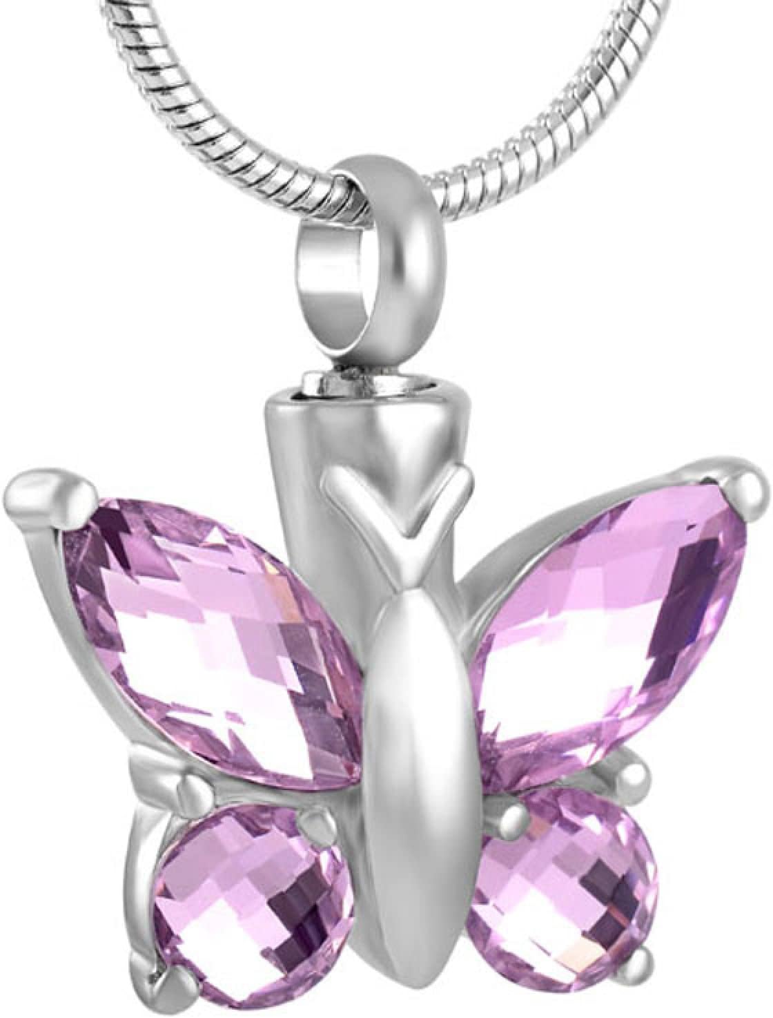 KOMEDO Crystal Butterfly Memorial Urn Necklace Stainless Steel Pendant Holder Ashes For Pet Human Keepsake Cremation Jewelry For Ahes