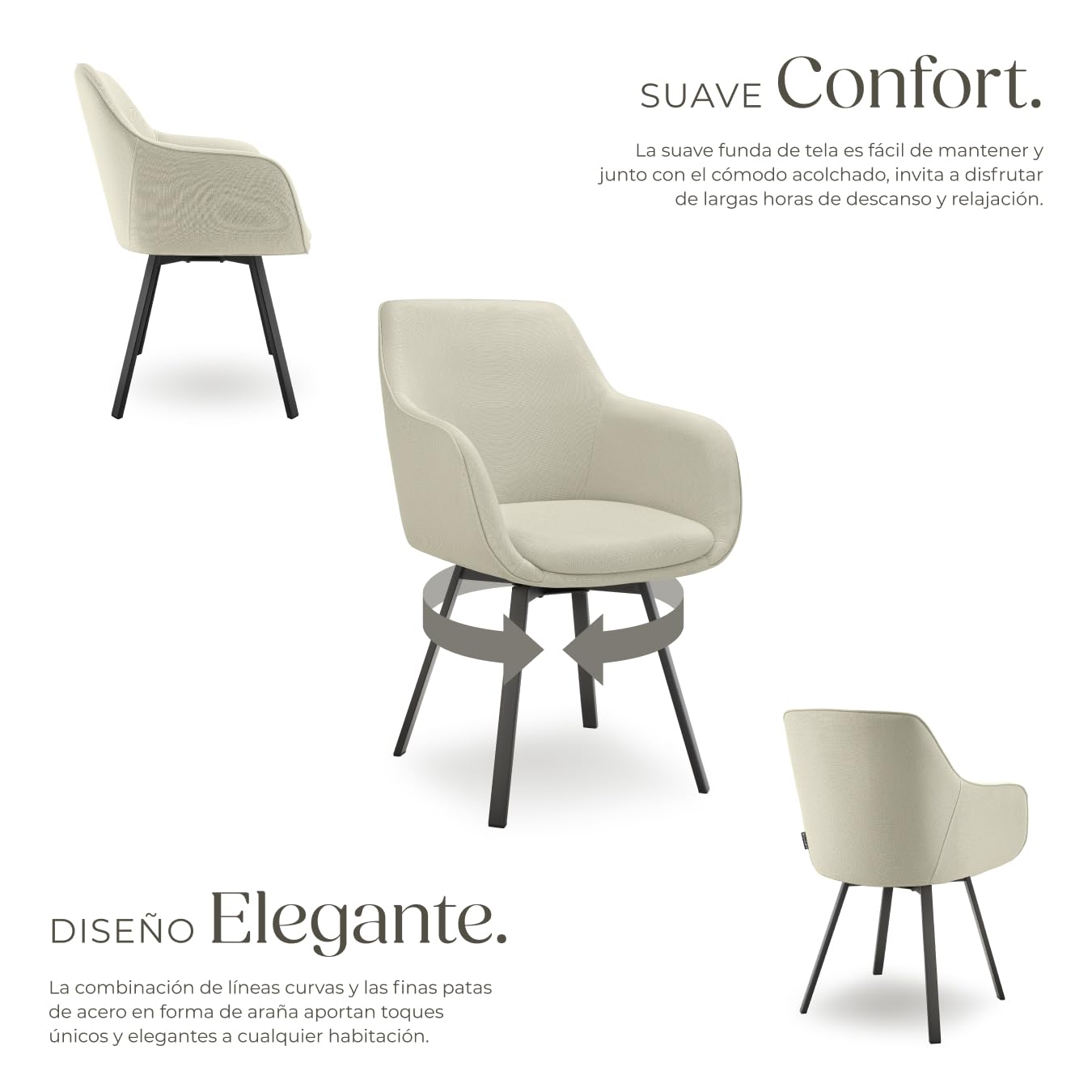 tectake® Silla Giratoria con Reposabrazos, Tapizada y con Acolchado de Alta Densidad, Patas de Acero 360°, Antideslizante, Montaje Rápido, Ideal para Comedor, Cocina y Dormitorio - 4 Sillas Beige
