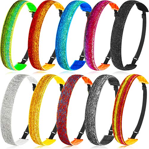 10 Pcs Glitter Non Slip Headbands Elastic Girls Velvet Adjustable Sparkly Fabric Stretchy Shiny Headbands Workout Sports Fashion Hair Accessories for Teen Girl Women Party Favors (1 Inches/ 2.5 cm)