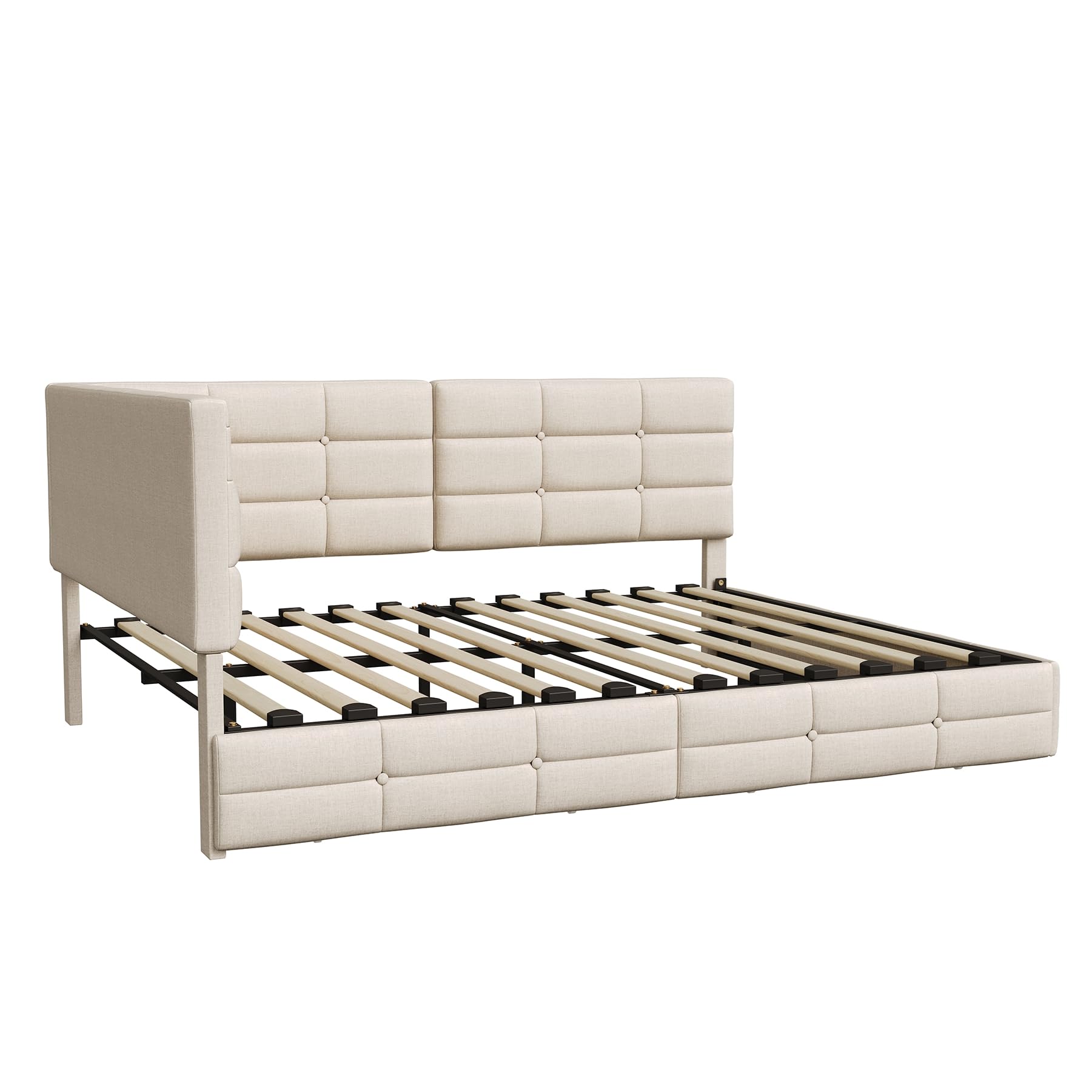 Letto angolare Divano Letto 140 x 200 con 2 cassetti, LED, presa USB, letto panca con testa reversibile e rete a doghe per soggiorno/studio/camera da letto, tessuto lino, senza materasso