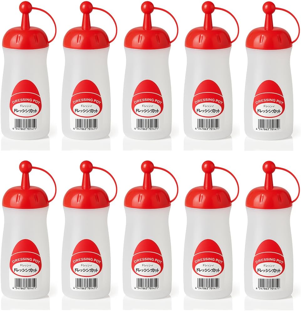 JapanBargain 3268, Japanese Squeeze Bottle Squirt Condiment Bottles Ketchup Bottle with Twist On Cap Lids Made in Japan, Red Cap, 10 Pack