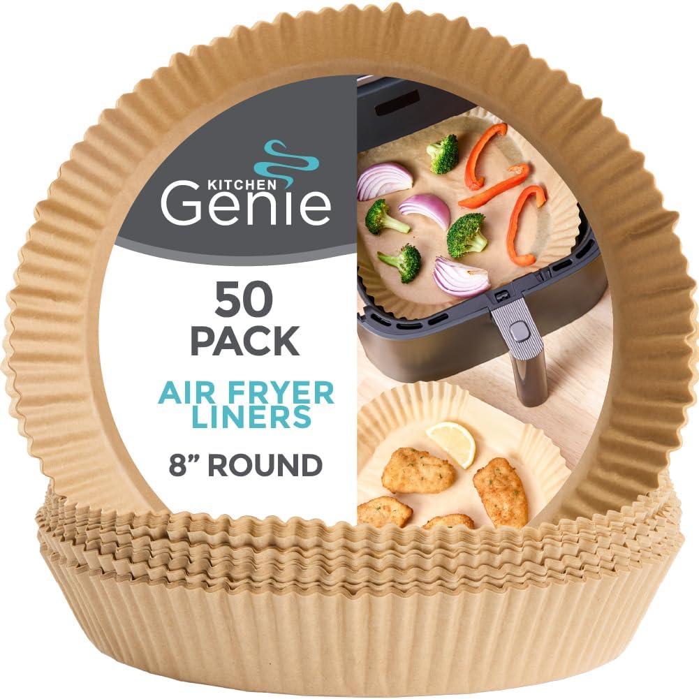 KITCHEN GENIE BPA-Free Air Fryer Liners Disposable, Non-Stick Oil Proof Parchment Paper Sheets for Easy Clean Cooking, Fits 5-8 QT Basket, Microwave, Toaster Oven, Free of Bleach, 8 Inch Round, 50 PCS
