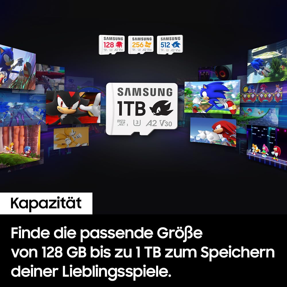 Samsung Sonic the Hedgehog(TM) microSD-Karte + SD-Adapter, Speicherkarte mit 512 GB, UHS-I U3, Full HD & 4K UHD, 180 MB/s Lesen, 130 MB/s Schreiben, Datenspeicher für Handheld-Konsolen, MB-MD512SA/LC1