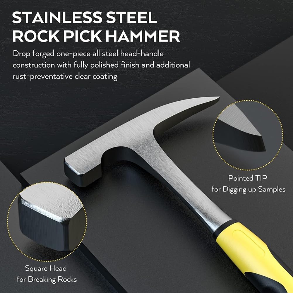Juego de 5 Piezas Kit de Herramientas para Geología Martillo para Rocas 32 Oz con Cincel Gafas de Seguridad y Silbato