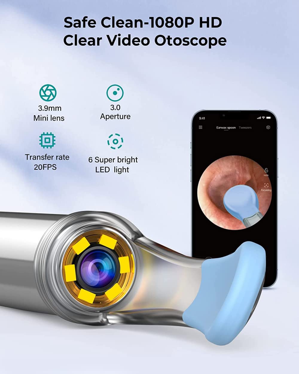 SELET Herramienta de Cera de oído con otoscopio 1080P, de oídos con 2 cucharas de Silicona, cámara de oído con 6 Luces LED para Limpieza de oídos, Compatible con iOS, Andriod, Negro/Blanco-Black