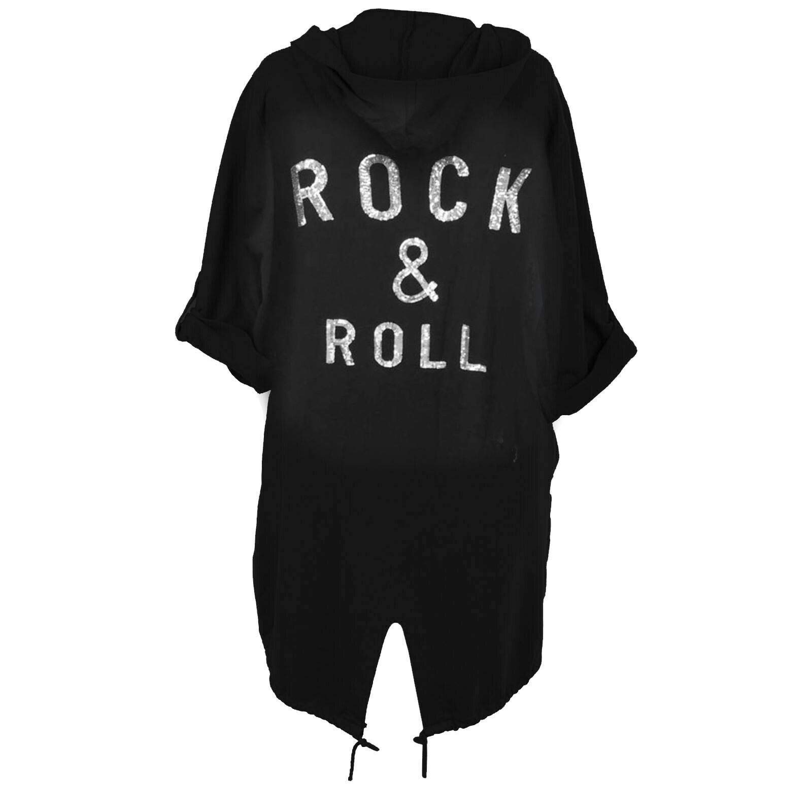 Cardigan da donna con cappuccio e paillettes, stile rock & roll, con cappuccio Nero 48-50