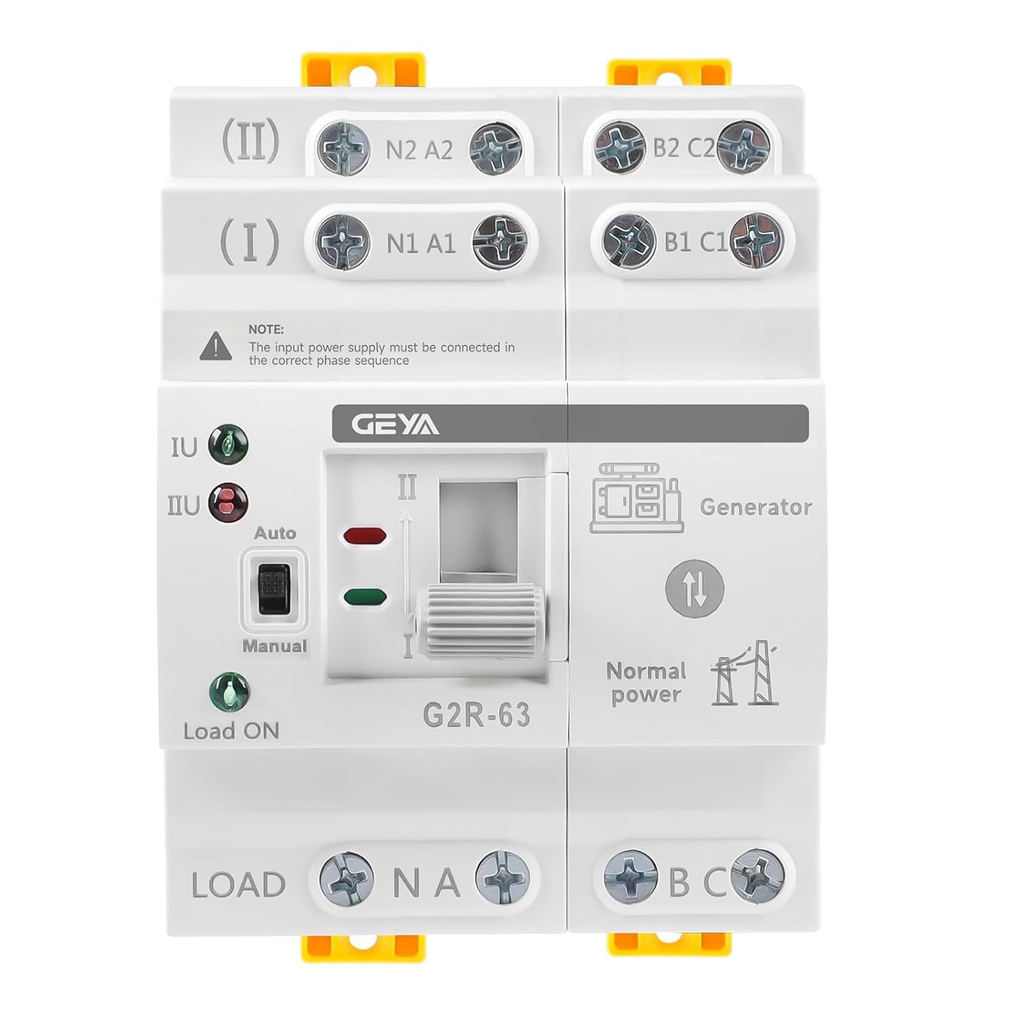 GEYA Mini ATS Automatischer und manueller Doppelstrom-Umschalter, Solar-Automatikschalter mit Über- und Unterspannungsschutz, DIN-Schienenmontage 4P 63A AC220V