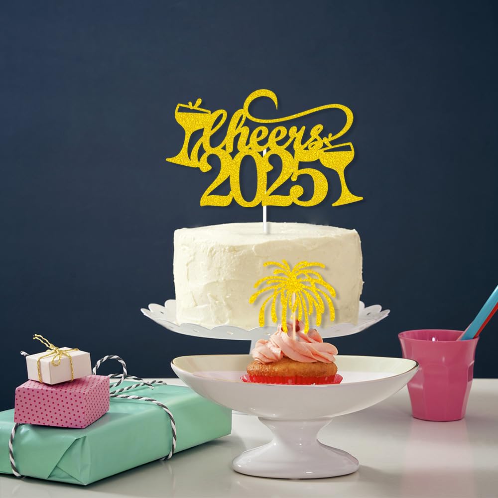 OUDINI Glitter Cheers 2025 Cake Topper, big Cheers 2025 Theme Party Cake Decor Happy New Year/New Year's Eve Party Cake Decorations Supplies (cheers 2025 1pcs)