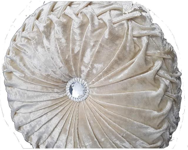 Householdfurnishing Velvet Round Cushion Cover Small & Large Stitched with Diamond (Cream, 45 x 45)