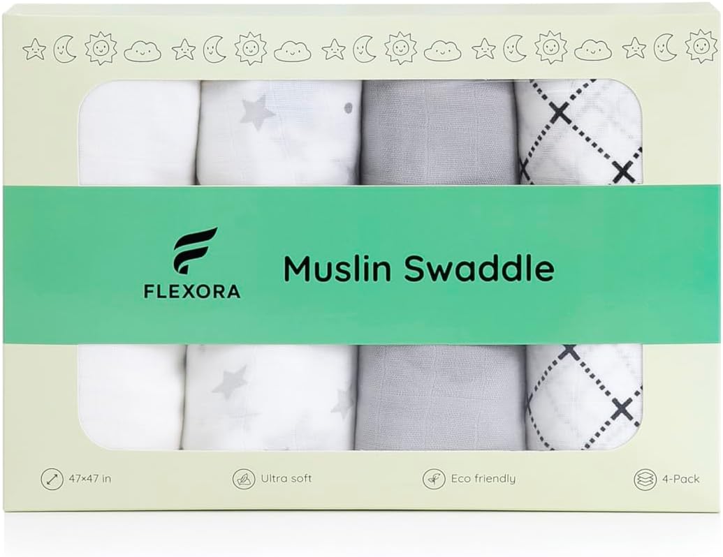 Muslin Swaddle Blankets for Baby Boys and Girls, 4-Pack Breathable and Skin-Friendly Receiving Blanket Wrap, Baby Essentials, Registry & Gift, 47 x 47 inches (Monochrome Doodles)