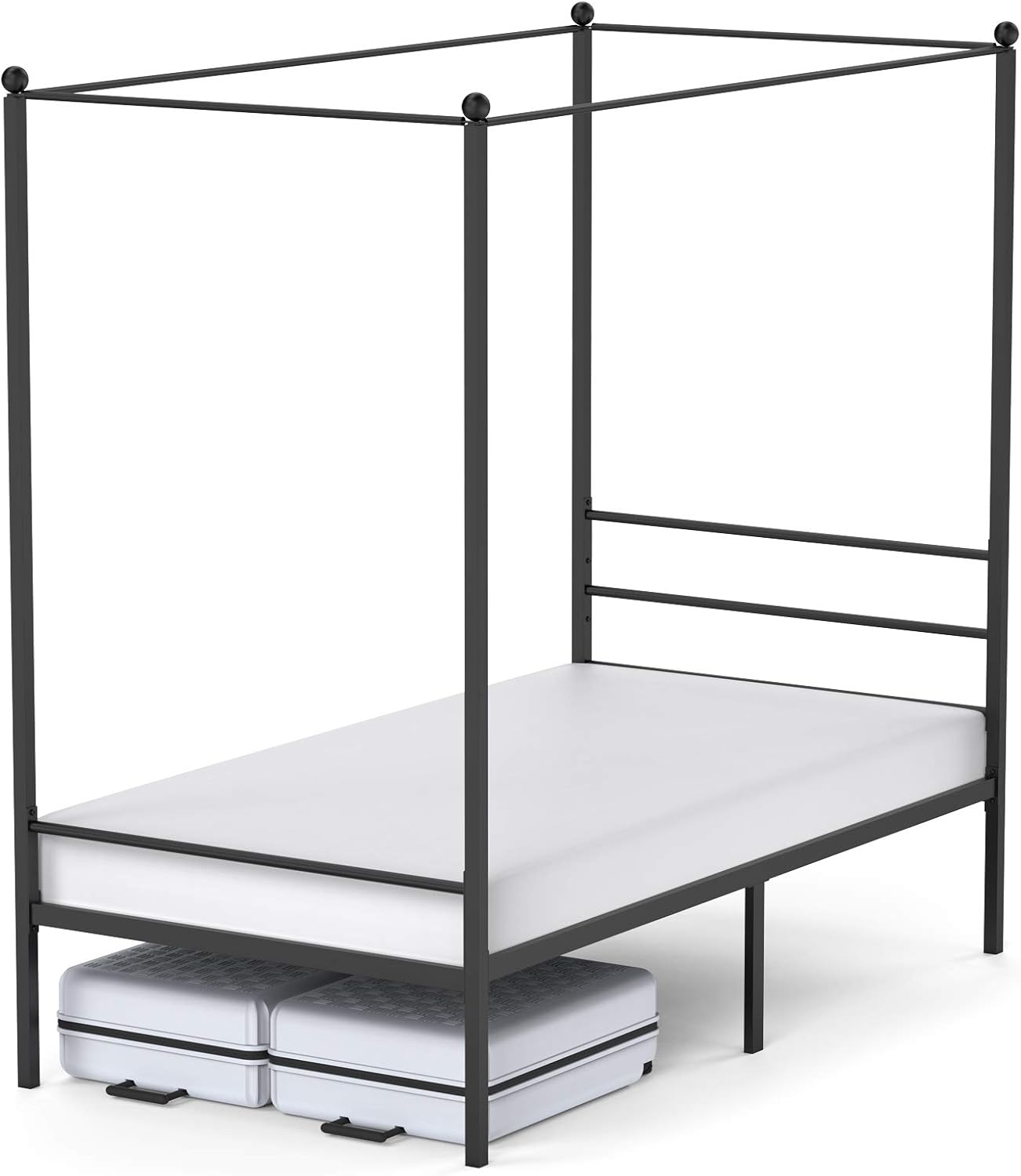 JOM Canopy Bed Frame Queen Size Black Metal 4 Poster Mattress Foundation Modern Post Corner with Headboard for Girls Adults