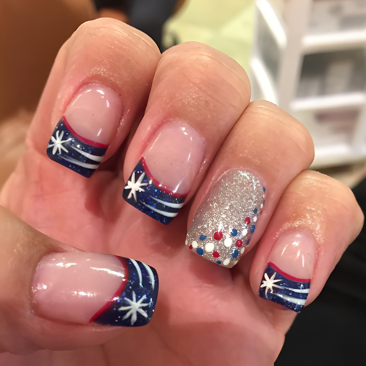 CJDLTS Independence Day Blue French Press on Nails Short Square Stars Patriotic Fake Nail Glitter Powder Stripes Design 4th July Artificial