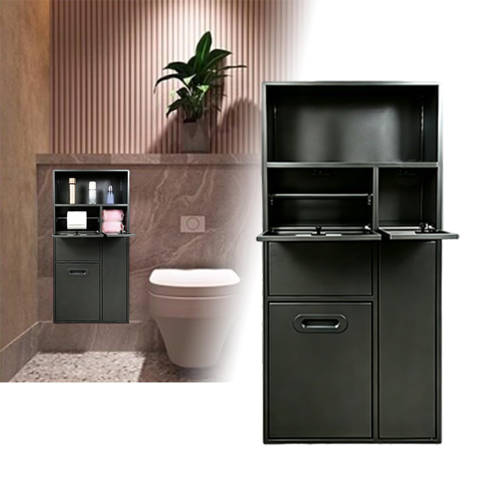 Recessed Wall Niche Tilt Out Trash Bin Cabinet, Stainless Steel In‑Wall Hidden Storage Alcove with Toilet Paper Holder, Toiletries Rack & Toilet Brush Cabinet for Residential Hotel Use(Black)