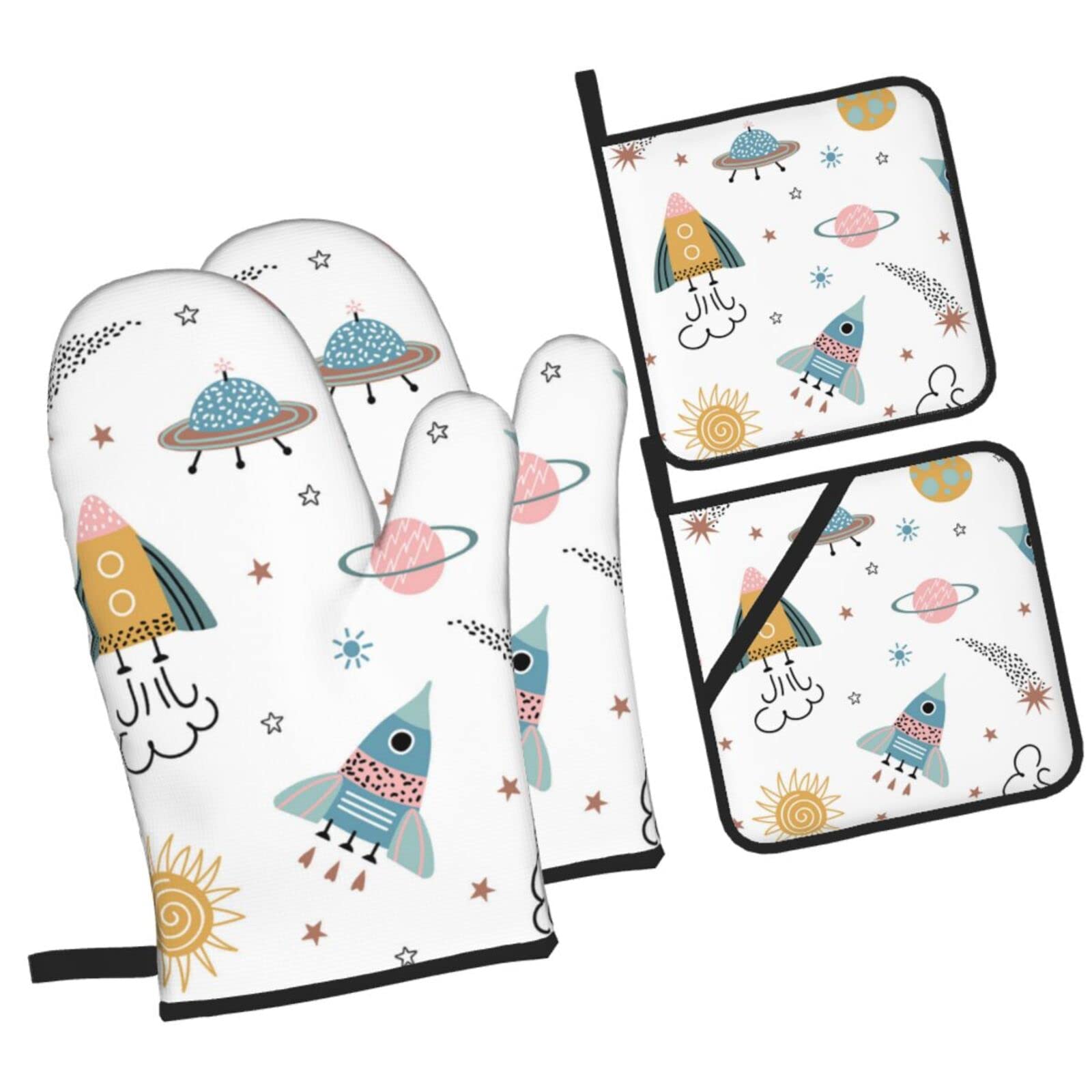 Space Seamless Background Oven Mitts and Pot Holders Sets, Christmas Oven Mitt Kitchen Heat Resistant Non-Slip Pot Holders Set for Cooking Baking BBQ