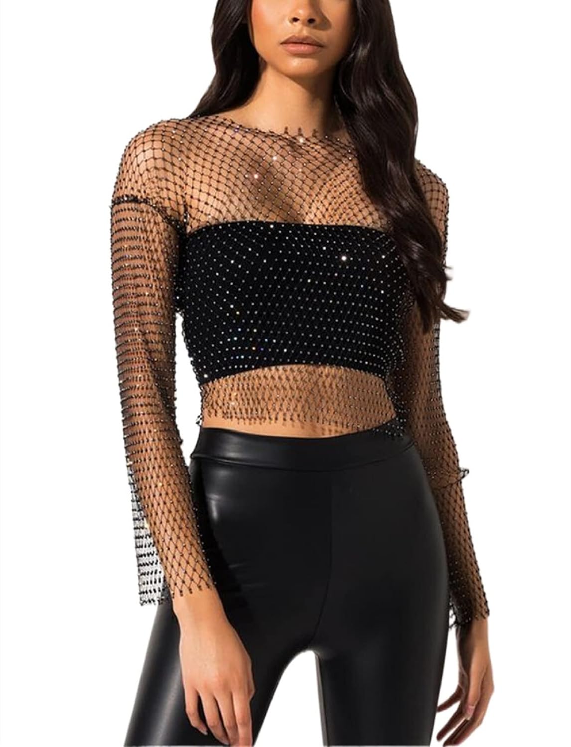 QUECY® Women's Sexy Diamond Mesh Tank Top Rhinestone Hollow Out Cover up Crop Tops for Rave Festival Clubwear |D-Black |M