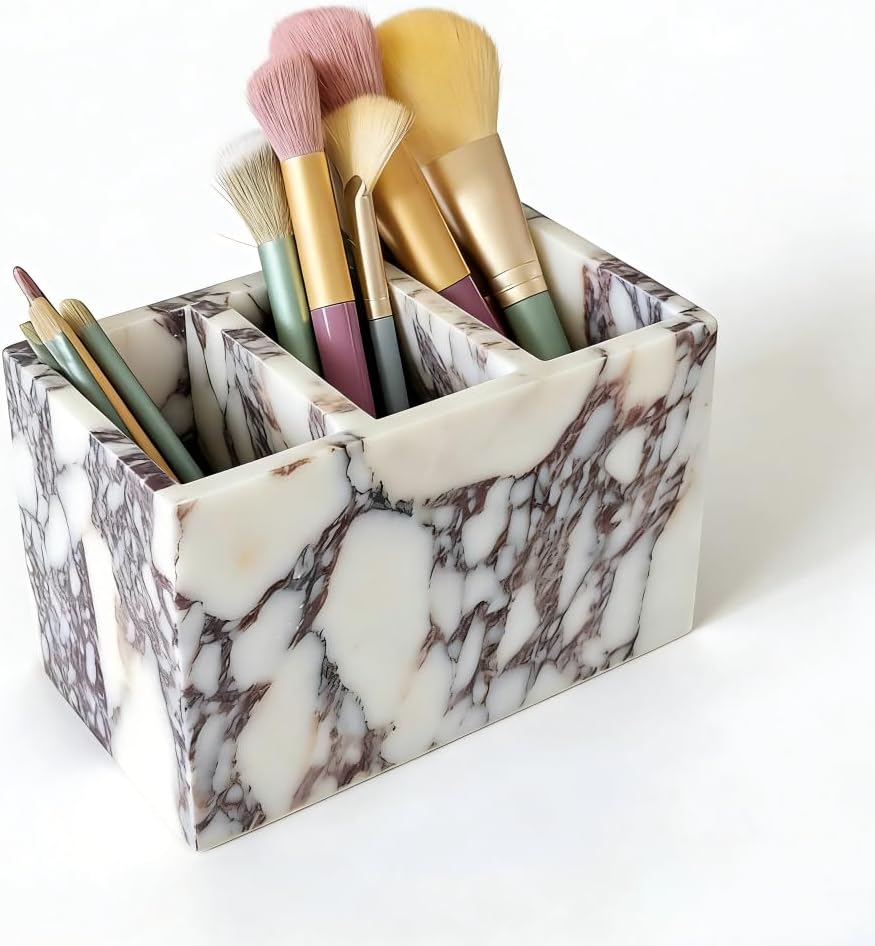 Natural Marble 3-Tier Organizer Box - Multi-Purpose Desktop Storage for Office Supplies, Kitchen Utensils, Makeup Brushes & Bathroom Essentials