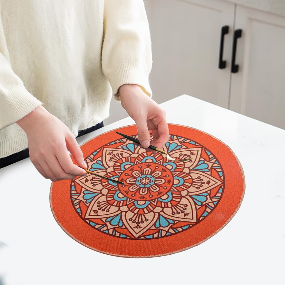 PIGCHCY Rubber Boho Placemats Set of 6, 15" Round Heat Resistant Placemat, Waterproof Washable Table Mats for Dining Table Decoration (Orange)