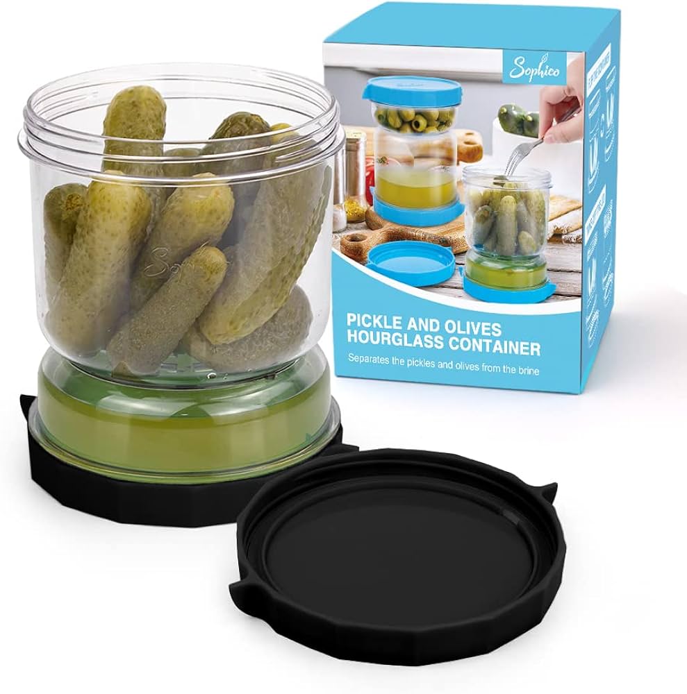 SOPHICO Pickle and Olives Jar Container with Strainer Flip, Leak-proof Juice Separator Hourglass Food Saver Storage Container (Transparent Black)